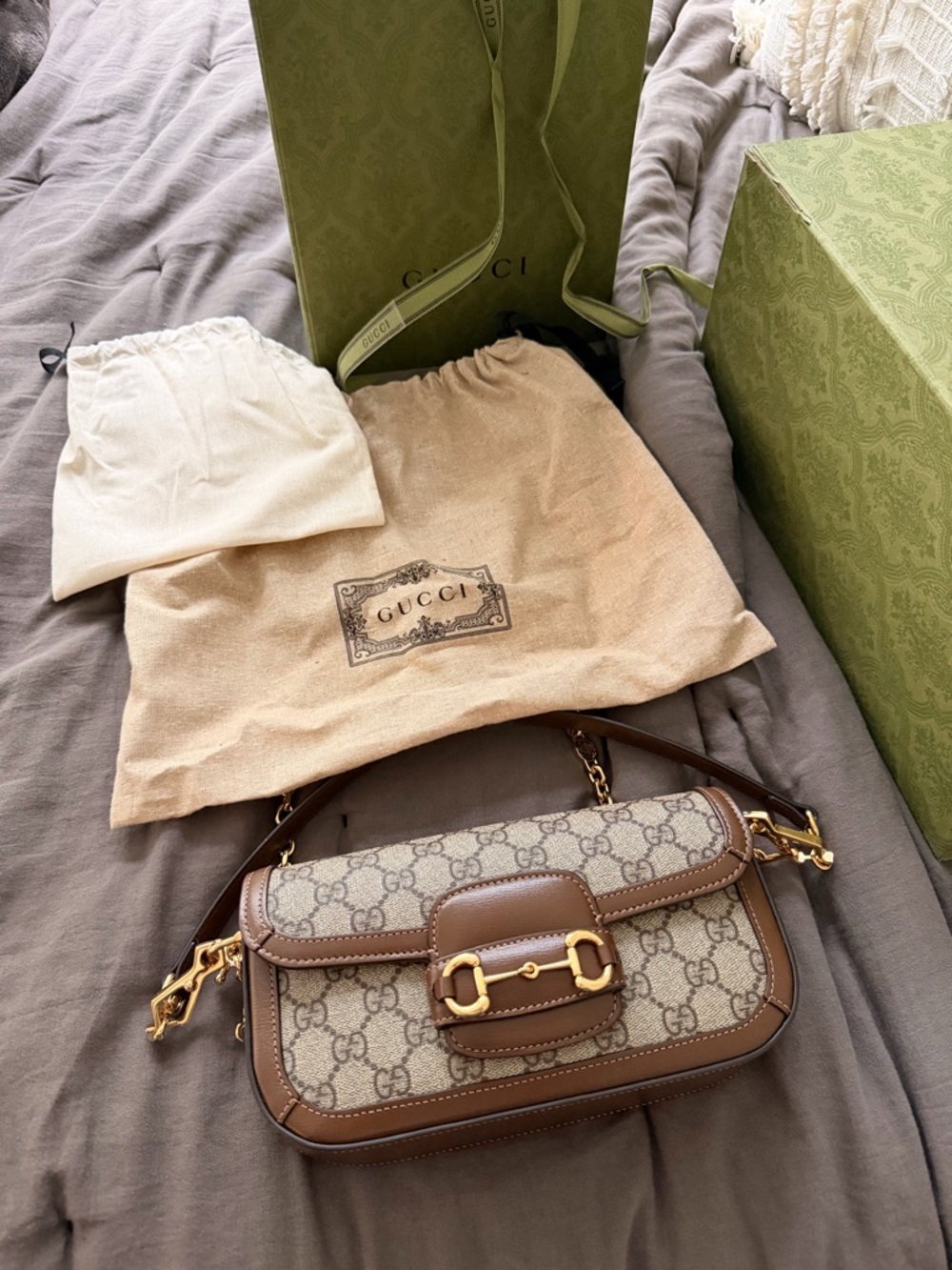 Gucci Canvas Horsebit 1955 Shoulder Bag with Gold Hardware - Picture 12 of 16